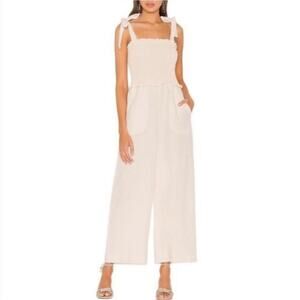 Rebecca Taylor Jumpsuit Womens 4 Cream Smocked Tie Strap Wide Leg Linen Beachy